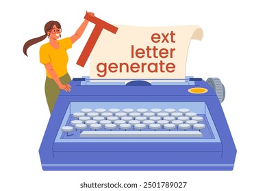 Woman journalist or copywriter stands near huge old typewriter with slogan text letter generate. Girl journalist offers services for writing articles for newspapers or online magazines