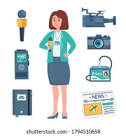 Woman journalist holding microphone. TV Correspondent
 or Reporter profession. Journalist equipment set. Vector cartoon illustration.