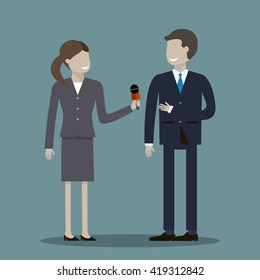 A woman journalist with microphone is interviewing business man, politician or another professional. Vector illustration flat design