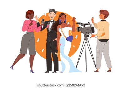 Woman Journalist Taking Interview with Happy Couple Celebrity at Luxurious Event Vector Illustration