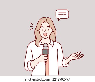 woman is a journalist who interviews. Reporter woman. Hand drawn style vector design illustrations. Hand drawn style vector design illustrations.