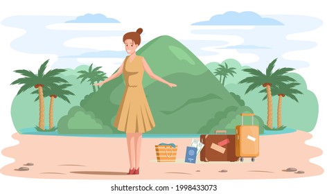 Woman in journey through tropical island with palm trees and mountaines, summer vacation, tourism, leisure. Traveling by landmarks in mountain. Female tourist travels looks at natural landscape