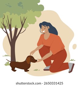 Mulher com uma expressão alegre ajoelhada ao lado de um dachshund em um cenário de parque. A ilustração vetorial colorida captura um momento de conexão e felicidade sob as árvores.