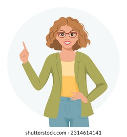 A woman with a joyful expression raised her finger up, a gesture. The concept of human emotions. Flat style illustration, vector