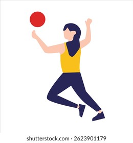 Woman joyful jumping catching red ball, playing and exercising, perfect for sports and active lifestyle concept in advertising campaigns.