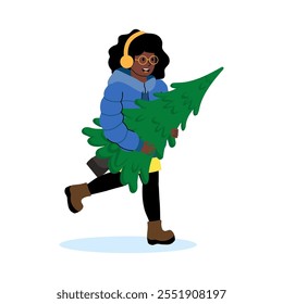 Woman joyfully carrying a decorated Christmas tree through the winter landscape
