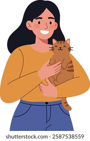 Woman joyfully embraces her cat in this illustration.