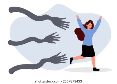 Woman joyfully escaping shadowy hands in a playful illustration of freedom