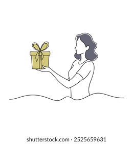 woman joyfully holds a beautifully wrapped gift in her hands continuous line art flat vector illustration on white background.