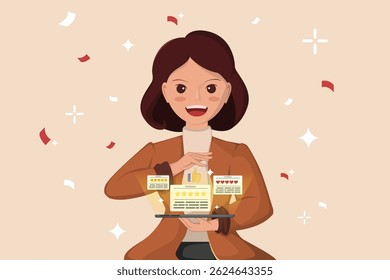 Woman joyfully presenting glowing customer feedback and high ratings with celebratory confetti.