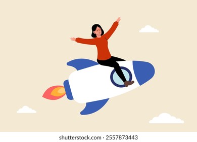 Woman joyfully riding a rocket against a light background with clouds