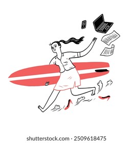 A woman joyfully runs with a surfboard, leaving office supplies behind. This lively illustration captures the spirit of freedom and adventure.