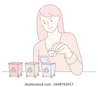 A woman joyfully sorts waste into various recycling bins, promoting essential ecofriendly habits for everyone