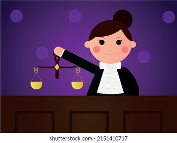 Woman judge is holding scales. Vector.