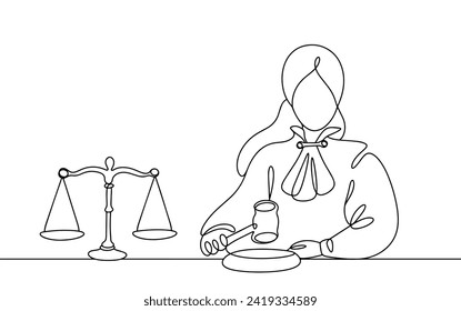 A woman judge holds a judge's gavel in her hand. The scales of justice stand nearby. Images produced without the use of any form of AI software at any stage. 