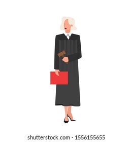 Woman Judge Wearing Traditional Black Robe Holding A Folder With The Case And Gavel In Hand. Female Judge, Modern Profession. Concept Of The Law And Justice. Vector Illustration