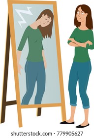 Woman Judging Her Own Ashamed Reflection In The Mirror, EPS 8 Vector Illustration