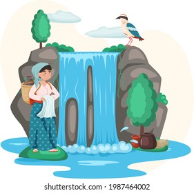 Woman with jug stands near waterfall with clean water rock and falling water, tropical river. Beautiful cascade in mountains landscape with plants, rocks and female villager near lake and bush foliage