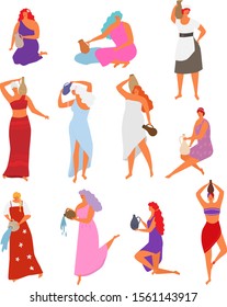 Woman with jug vector beautiful girl with long hair pouring water from jugful. Illustration set of female characters in poses, dancing women in ethnic dress with pitcher isolated on white background.