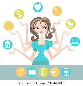 Woman Juggling All The Different Areas Of Her Life, Including Home, Love, Time, Money, Cooking, Baby, Internet. Extra Symbols Included