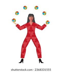 Woman juggling with balls. Multitasking or juggler. Dressed in jigsaw pattern clothes. Isolated. Vector illustration.