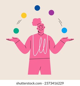 Woman juggling  balls. Working concentration or multitasking concept. Colorful vector illustration