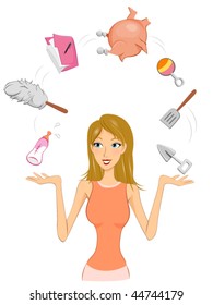 Woman Juggling Between Tasks - Vector