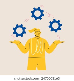 Woman juggling with cog wheels, symbolizing strategic thinking, creativity. Colorful vector illustration
