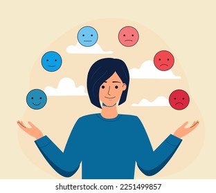 Emoticones de malabarismo femenino. Control del estado de ánimo, inteligencia emocional, concepto de equilibrio de sentimientos. Mentalidad, autotrabajo y psicología