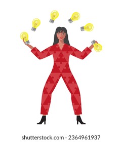 Woman juggling with lightbulbs, ideas. Isolated. Vector illustration.