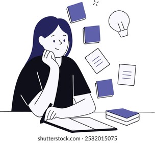 A woman juggling multiple tasks at her desk, with floating notes and ideas.