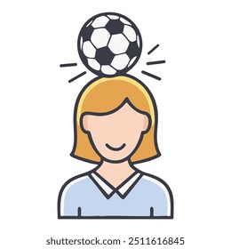 Woman juggling soccer ball. A cartoon illustration of a smiling woman balancing a soccer ball on her head.