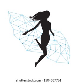 woman jump and abstract technological grid in behind