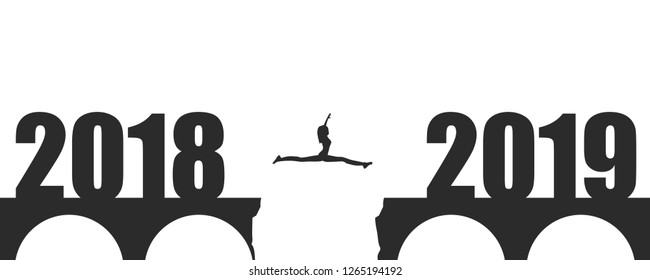 A woman jump between 2018 and 2019 years. Human silhouette jumping over a gap in the bridge