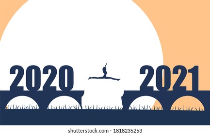 A woman jump between 2020 and 2021 years. Human silhouette jumping over a gap in the bridge