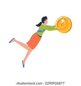 Woman Jump For Easy Money, Female Character Holding Huge Golden Coin, Strive For Finances And Achieve Success