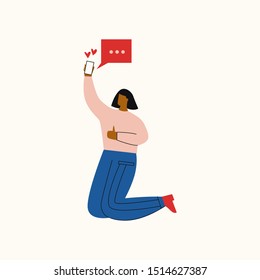 Woman jump in excitement with mobile phone in her hand. Woman received a message from online dating partner. Online app or relationship concept. Flat vector illustration