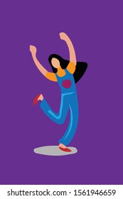 a woman jump fun, flat cartoon character isolated on purple background. vector illustration.