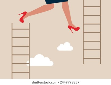 Frau springen von niedriger Treppe auf hohe Treppe. Vektorillustration