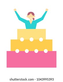 Woman jump out from birthday cake on birthday party, pretty woman with hands up in big cake vector illustration of positive girl in pie isolated on white