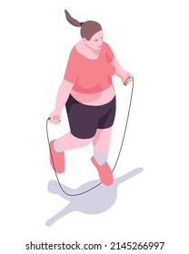 Woman with jump rope in her hands. A fat woman is jumping rope to lose weight.