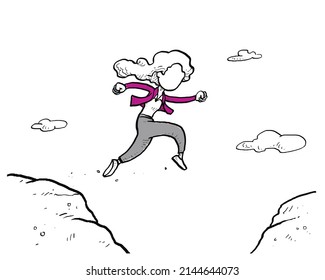Woman jump through the gap between hill., jump over cliff. Hand drawn vector illustration design