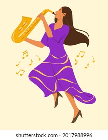 Woman Jump While Enjoy to Play the Saxophone.
