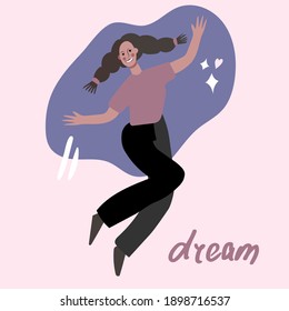 The woman jumped up, arms spread wide. A smile and a blush on his face.Moments of life, live bright, dream. Fitness exercises, active lifestyle. Isolated design element, abstract shapes in the backgro