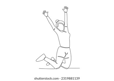 A woman jumped up while raising her hand. World youth day one-line drawing