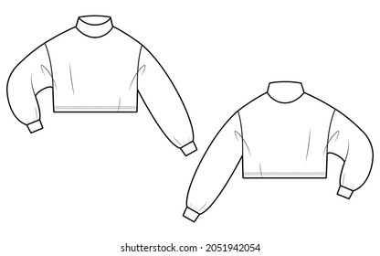 Woman jumper in vector graphic.
Volume crop cut knit jumper with long volume sleeves and turtle neck.Fashion isolated  illustration template.Scheme front and back views.