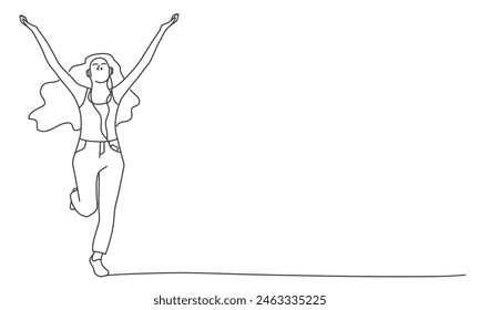 A woman is jumping in the air with her arms outstretched. Concept of joy and freedom. Hand drawn vector illustration. Black and white.