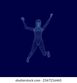 Woman is jumping in the air with her arms outstretched. The image is in blue and he is a digital art piece