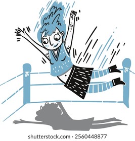 Woman jumping in blue wrestling move