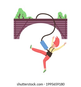 Woman jumping with bungee from bridge. Emblem design for bungee jumping entertainment and extreme sport, flat vector illustration isolated on white background.